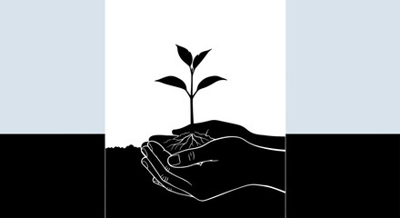 Hands cradle a seedling, roots anchoring in soil, symbolizing growth © Sendal