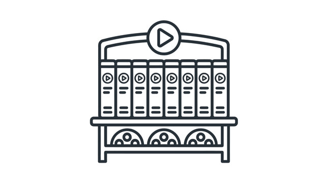 Line art illustration of a media library shelf displaying video tapes or DVDs with play buttons and film reels, representing entertainment content.