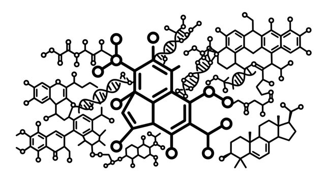 Intricate black and white illustration of various organic chemical structures, including DNA helices, benzene rings, and complex molecular compounds, representing biochemistry and molecular science.