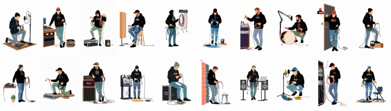 Collection of illustrations featuring male sound engineers in black hoodies managing audio cables and equipment in various recording studio settings.