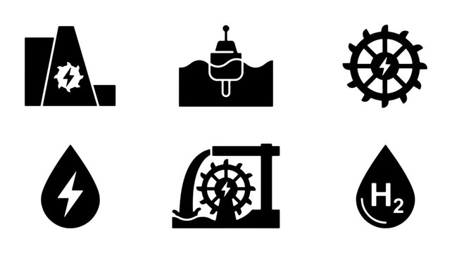 Hydroelectric Power Icons, Renewable Energy Symbols, Water Turbine & Hydrogen Fuel Graphics, Clean Energy Vector Set