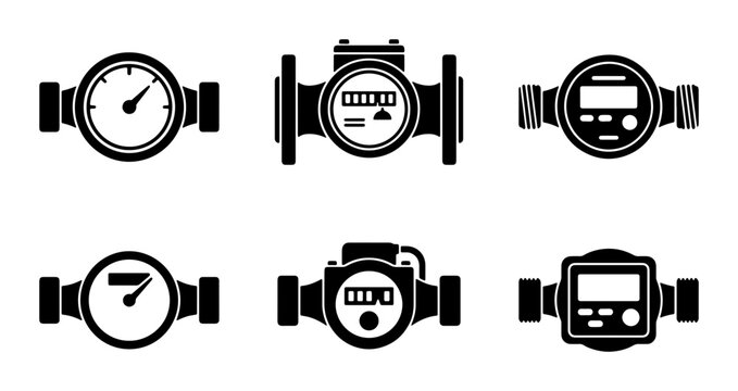 Water Meter Icons Set, Industrial Measurement Devices, Utility Flow Meters, Analog and Digital Gauge Illustrations