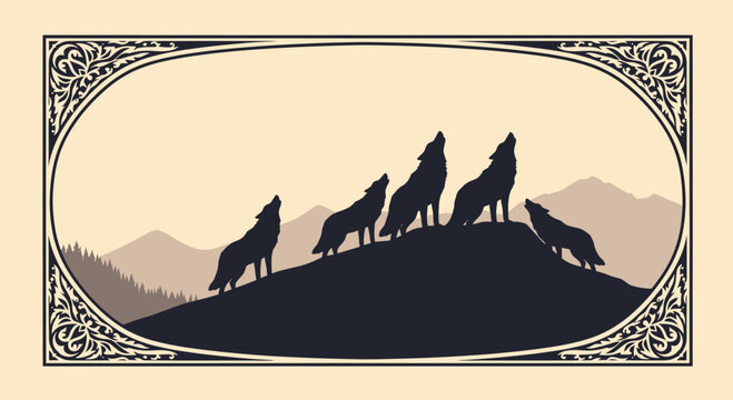 Silhouettes of five wolves howling at the moon on a hill
