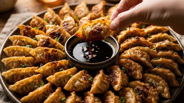 Hand Dipping Golden Blistered Dumpling into Dark Soy Dipping Sauce, Slow Motion Macro Close-Up for Asian Food Campaign