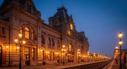 Naklejka premium Majestic historic train station facade illuminated by warm lights at twilight, showcasing classic architecture and ornate detailing.