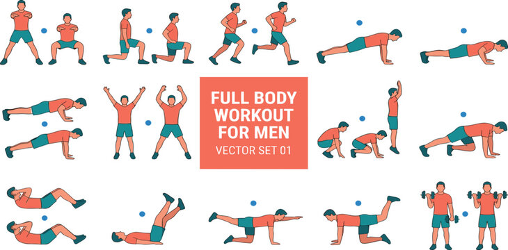 Comprehensive Set of Full Body Workout for Men Vector Illustrations Featuring Various Fitness Exercises Like Squats Pushups Lunges and Strength Training for Gym