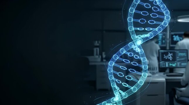 Digital DNA double helix structure glowing in laboratory with scientific equipment