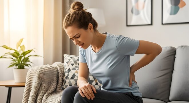Woman experiencing back pain sitting on a comfortable sofa