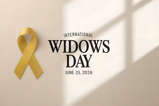 International widows day commemorative graphic featuring a golden awareness ribbon placed against a soft neutral background to honor the memory of partners and provide support for those experiencing s
