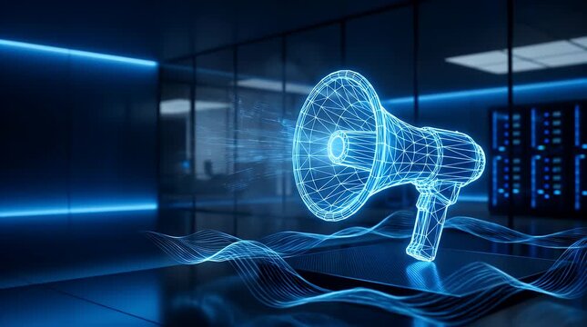 3D holographic megaphone with sound waves in modern office environment