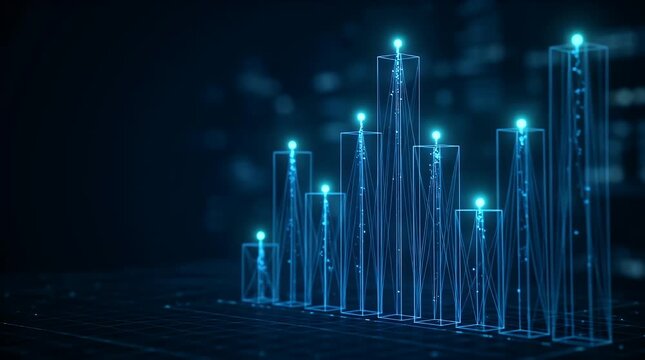3D digital financial growth chart with glowing bars and data visualization
