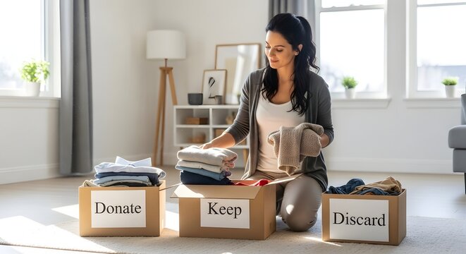 Woman sorting clothes donation keeping discarding process