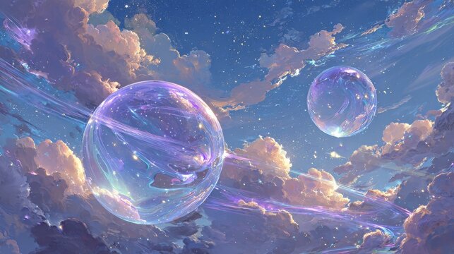 Two transparent spheres floating in the sky connected by glowing light beams forming an infinite loop, surrounded by ethereal clouds and stars in a surreal dreamlike digital artwork