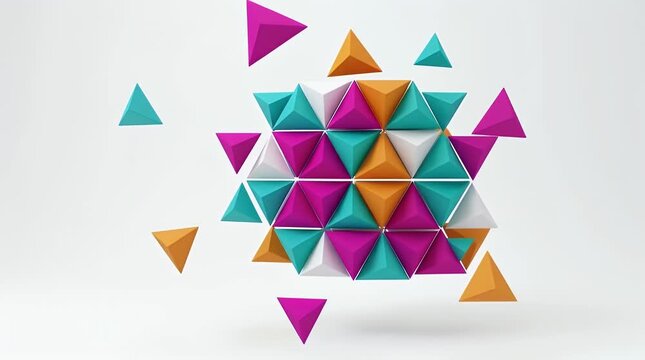 3D geometric shapes arrangement in vibrant colors with floating triangular designs