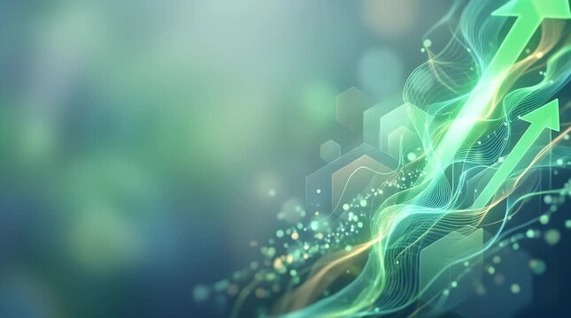 Abstract green upward trend lines with glowing particles and geometric shapes