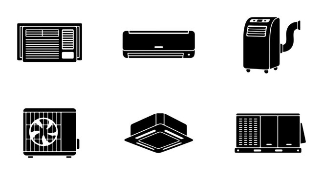 Air Conditioning Units Vector Icons Set, HVAC System Components, Climate Control Equipment, Cooling Technology Illustrations