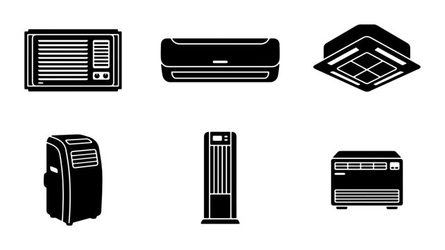Air Conditioning Units Vector Icons Set, Climate Control Appliances Collection, HVAC System Silhouettes for Home and Office