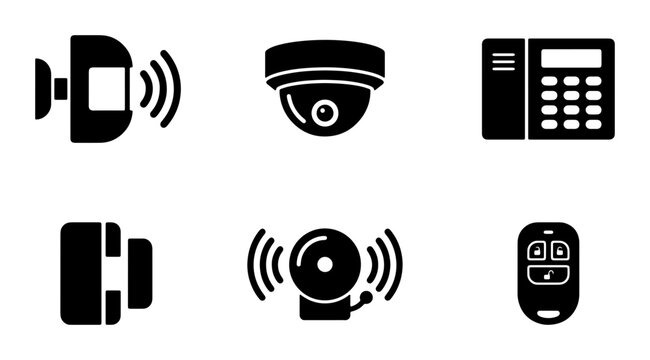 Security Icons Vector Set: Motion Detector, CCTV Camera, Alarm System, Doorbell, Siren, Remote Control for Home and Business Protection