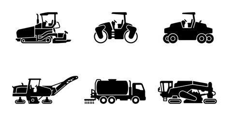 Construction Vehicle Icons Set: Asphalt Paver, Road Roller, Compactor, Dump Truck, Excavator, Vector Graphics for Industry and Infrastructure Projects © MdFarhan