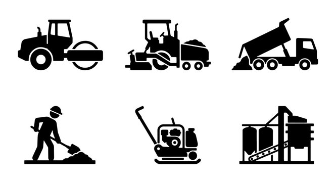 Construction Equipment Icons, Road Roller, Bulldozer, Dump Truck, Worker, Compactor, Silo Set. Industrial Machinery Vector Graphics for Building and Infrastructure Projects.