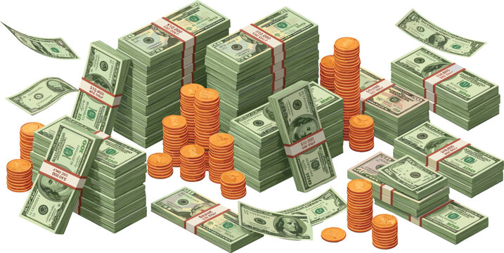 Isometric Stacks of US Dollars Cash and Gold Coins for Financial Success Wealth Management Banking Investment and Business Growth Concepts Vector Illustration