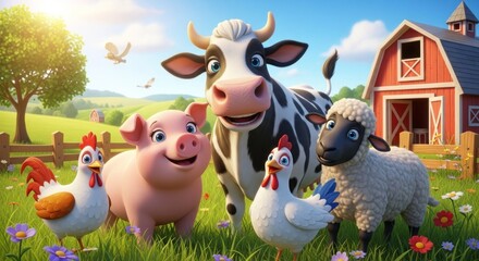 Naklejka premium Friendly cartoon farm animals in a sunny field