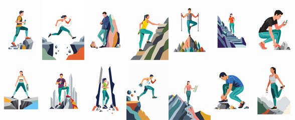 Collection of Vector Illustrations Featuring People Hiking, Trail Running, Climbing, and Navigating in Mountainous Landscapes for Outdoor Adventure Themes © Cristina