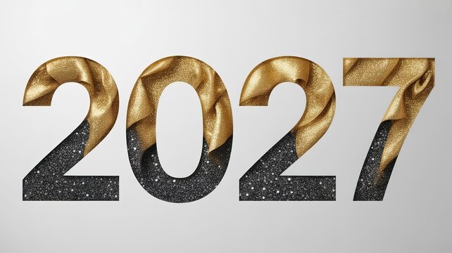 Luxurious 2027 New Year dimensional typography with glossy gold foil and glittery dark starry texture for greeting cards banners and upscale holiday designs