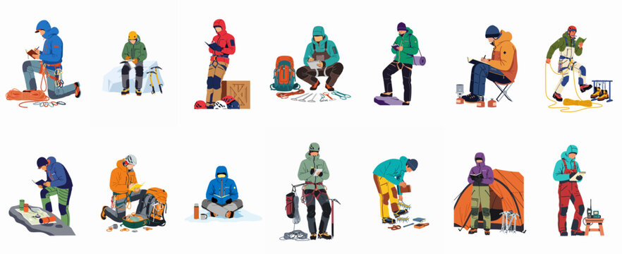 Vector illustration set of mountaineers and explorers preparing gear, planning routes, and resting during mountain expeditions, isolated on white background.