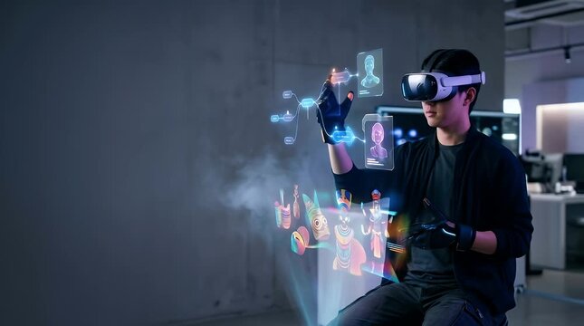 Young man using virtual reality headset and gloves interacting with holographic interface in modern workspace