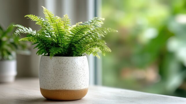 Lush Boston Fern in White Ceramic Pot on Grey Wood Table with Bright Natural Daylight and Biophilic Home Decor Serene Aesthetic