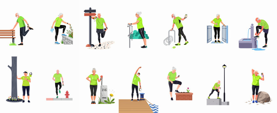 Collection of flat illustrations depicting active senior men and women engaged in various running and fitness activities to promote a healthy lifestyle.