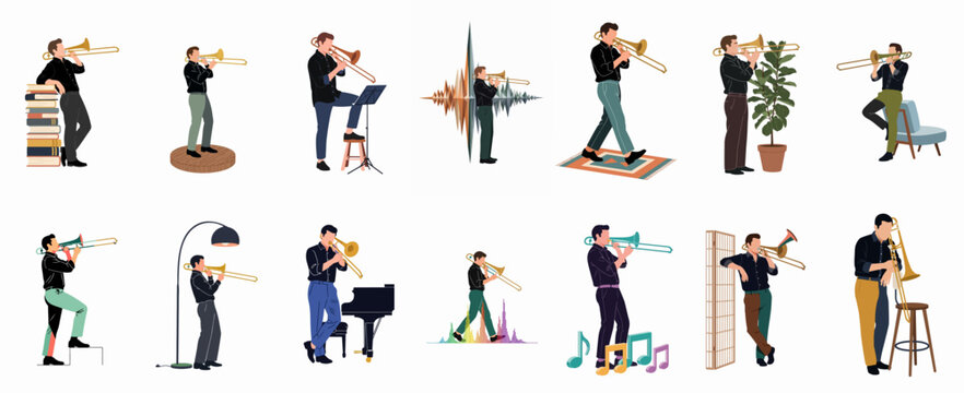 Collection of flat illustrations showing a male musician playing the trombone in various indoor and artistic settings.