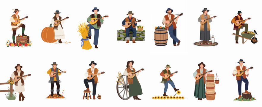 Set of illustrations featuring folk musicians playing mandolins in rustic harvest settings with autumn elements like pumpkins, wheat, and sunflowers.