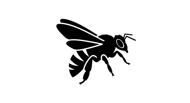 A solid black bee icon in silhouette is flying in air with its wings spread.