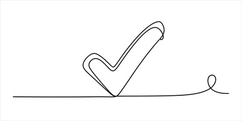 Continuous single line drawing of a check mark symbol representing a correct choice or task completion done in a minimal modern black ink style Vector, illustration © Kailash Roy