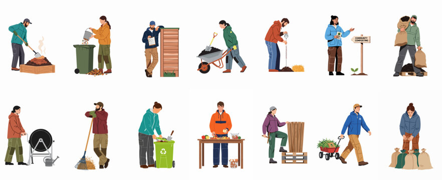 Diverse set of vector illustrations showing people engaged in various community composting activities like sorting waste, turning soil, and using tumblers.