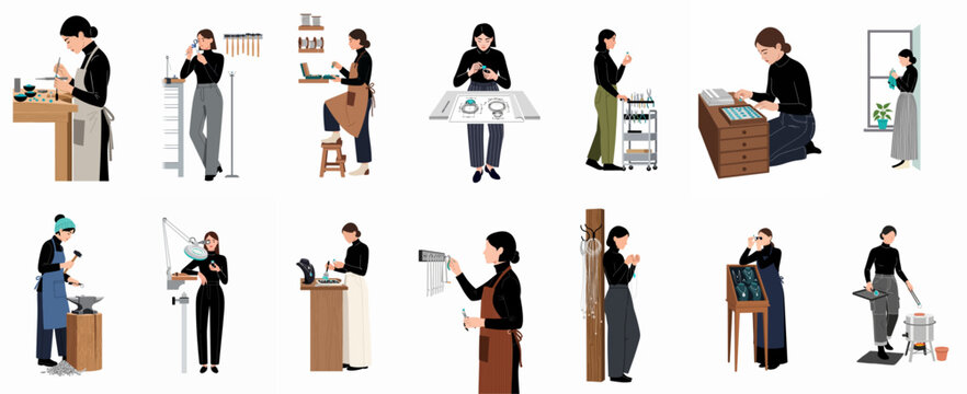 Vector illustration set of female jewelers engaged in various stages of jewelry making, from design and soldering to gemstone inspection and polishing.
