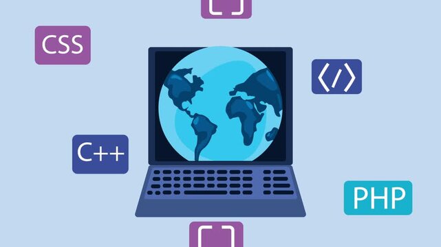 Animation of web development and programming languages floating around laptop screen with world globe.