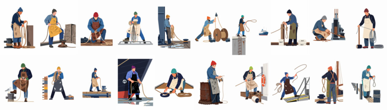 Large set of flat vector illustrations depicting maritime workers, sailors, and dockers engaged in various nautical tasks with ropes and equipment.