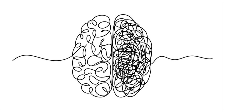 Abstract human brain illustration showing logical order and creative chaos in a simple continuous line drawing style for mental health concept Vector, illustration