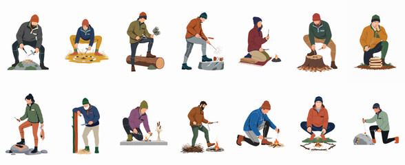 Set of flat vector illustrations showing men and women using various primitive and modern bushcraft techniques to start a fire in nature. © Cristina