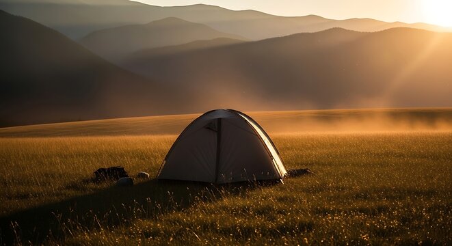 Camping tent in serene mountain landscape.