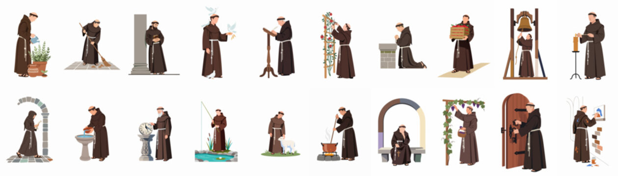 A comprehensive set of vector illustrations showcasing monks performing various daily tasks and activities of monastic life against a plain white background.