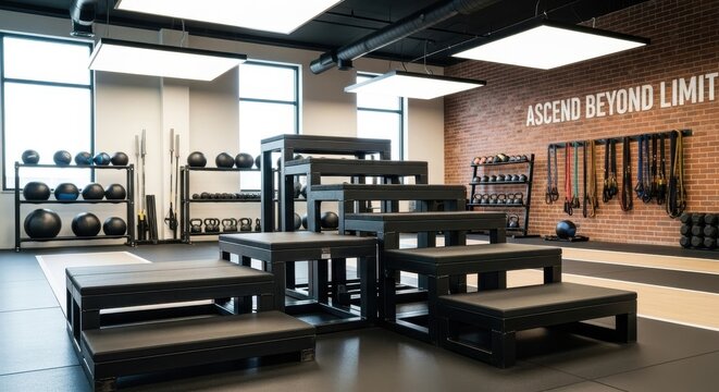 Modern plyometric stairs and fitness equipment setup in a well-lit gym facility for athletic training and conditioning