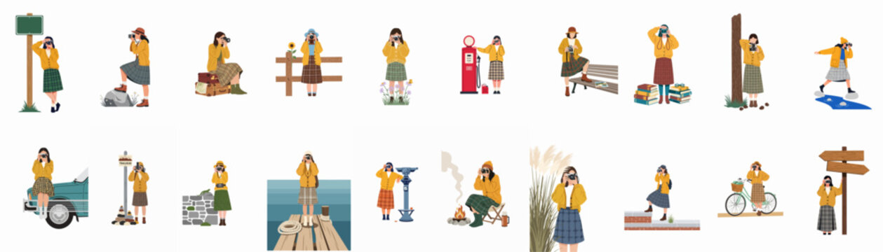 Collection of flat illustrations featuring a young female traveler and photographer taking pictures in various scenic outdoor locations during her adventures.