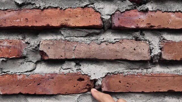 Macro footage tracking the horizontal lines of a red brick wall with messy mortar joints. Captures the authentic and rugged feel of traditional masonry work in progress.
