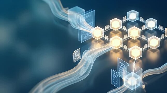 Blockchain network with interconnected nodes and data flow visualization