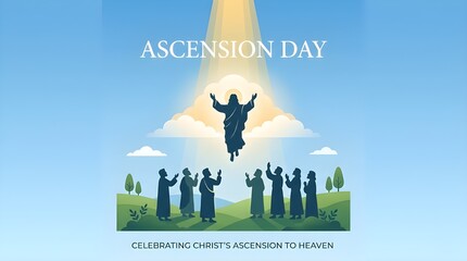 The Ascension of Jesus Christ Greeting Banner, Savior Rising to Heaven with Disciples, Spiritual Christian Religious Illustration with Divine Golden Light and Blessing Text