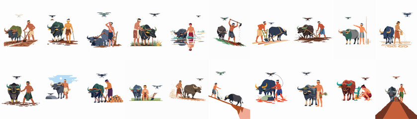 Fototapeta premium Set of Illustrations Depicting Traditional Asian Farmers Using Water Buffaloes and Modern Agricultural Drones for Various Rice Paddy Activities